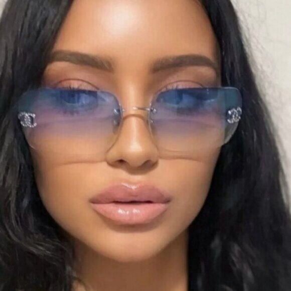 CHANEL Accessories - RARE Chanel Vintage Sunglasses Rhinestone Crystal CC Logo Rimless Gradient Blue
